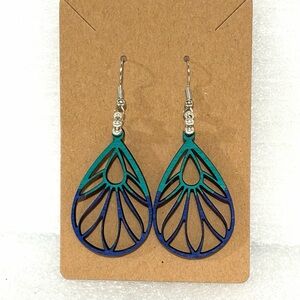 Elegant Blue and Green Teardrop Wood Earrings. Hand made